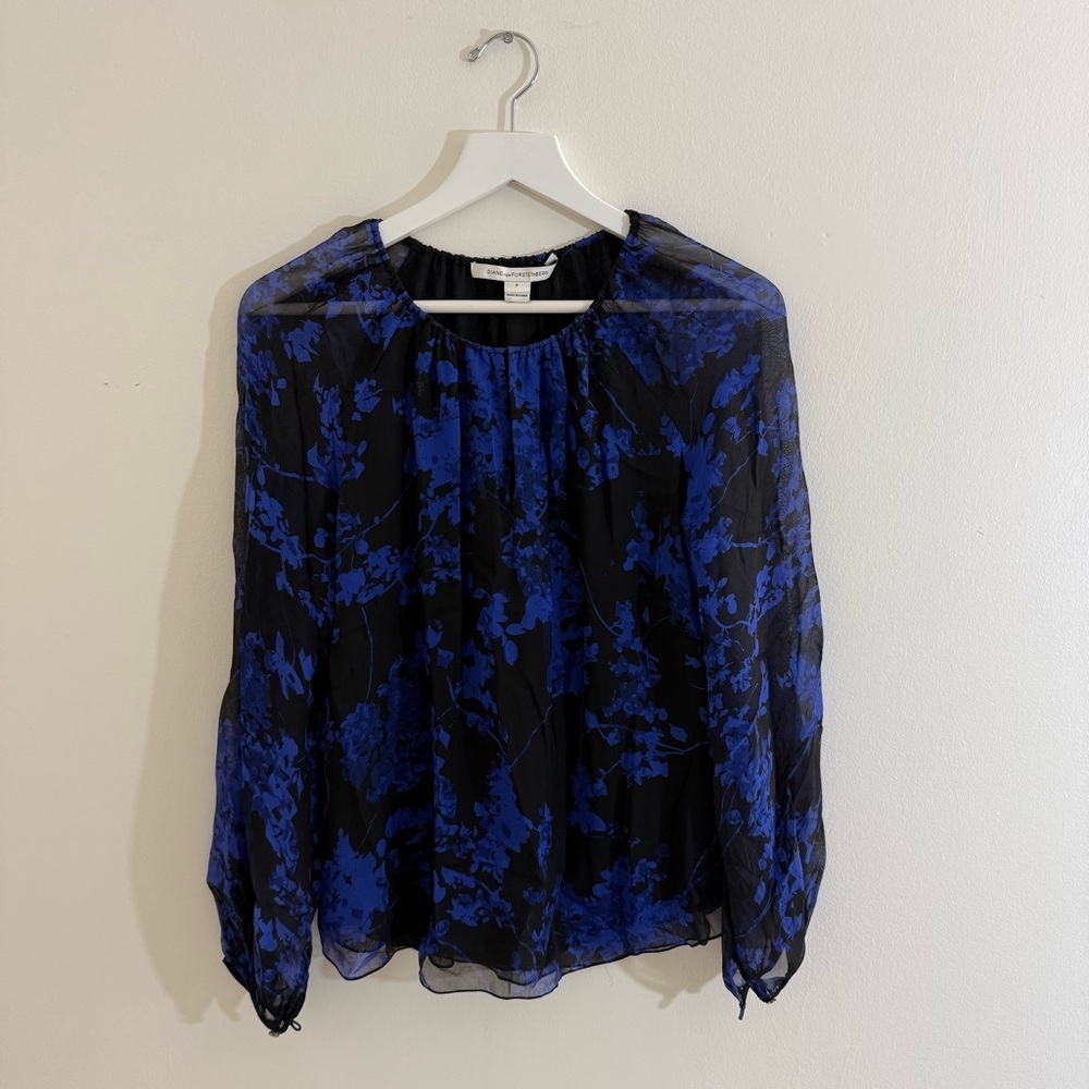 Diane Von Furstenberg Black and Blue Floral Blouse